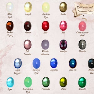 Pu&ograve; includere: Una tabella dei colori intitolata "Rabbitwood and Reason Cabochon Color Chart" mostra vari colori di cabochon. I colori includono Crystal, White Opal, Jonquil, Narcissus Opal, Smoke, Topaz, Smoked Topaz, Garnet, Ruby, Rose e altro ancora.