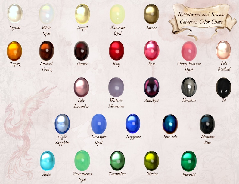 Pu&ograve; includere: Una tabella dei colori intitolata "Rabbitwood and Reason Cabochon Color Chart" mostra vari colori di cabochon. I colori includono Crystal, White Opal, Jonquil, Narcissus Opal, Smoke, Topaz, Smoked Topaz, Garnet, Ruby, Rose e altro ancora.