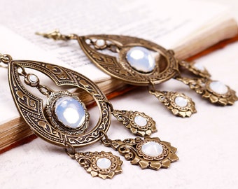Celtic Chandelier Earrings, White Opal, Medieval Jewelry, Renaissance Faire Wedding, Gothic Revival Earrings, Bridal,  Crystal, E14