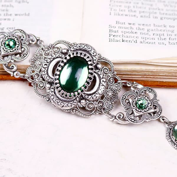 Green Medieval Bracelet, Ren Faire Wedding, Renaissance Jewelry, SCA Garb, Victorian Bridal, Filigree, Tudor Jewelry, Crystal, B1