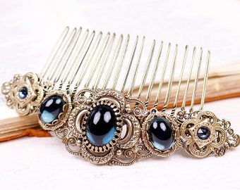 Blue Bridal Comb, Navy Hair Comb, Victorian Filigree, Vintage Style Hair Accessory, Ren Faire, Medieval Wedding Comb, Garb, C1