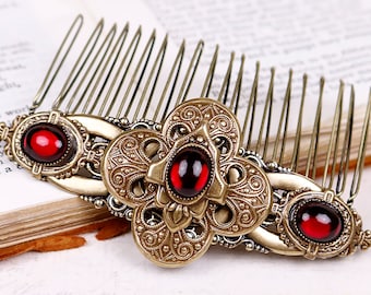 Red Bridal Comb, Garnet Victorian Wedding Comb, Renaissance Bride, Medieval Hair Adornment, Ren Faire, Medieval Jewelry Costume Accessory C2