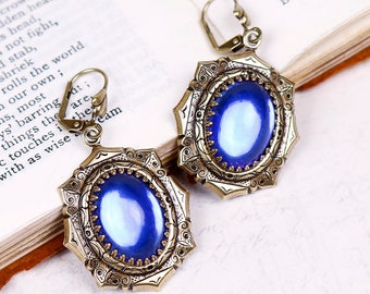 Sapphire Medieval Earrings, Blue Ren Faire Accessories, Renaissance Earrings, Tudor, SCA Garb, Costume, Victorian Earrings, Bridal, E25