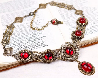 Medieval Necklace, Ruby Necklace, Red Garb, Victorian Necklace, Renaissance Jewelry, Bridal Jewelry, Wedding, Handfasting, N11