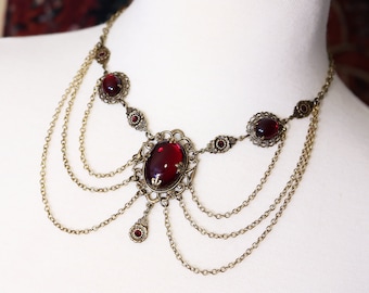 Garnet Renaissance Necklace, Deep Red, Wedding, Medieval Jewelry, SCA, Tudor Costume, Festoon Necklace, Victorian Bridal Necklace, N6
