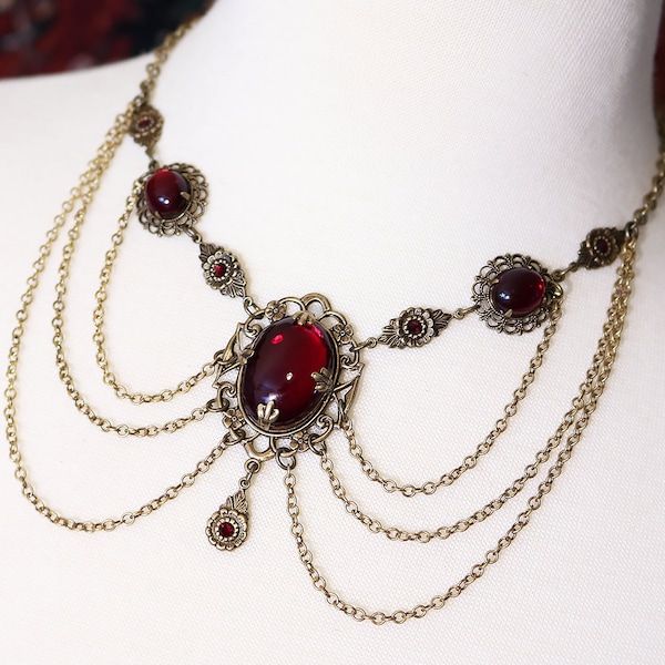 Garnet Renaissance Necklace, Deep Red, Wedding, Medieval Jewelry, SCA, Tudor Costume, Festoon Necklace, Victorian Bridal Necklace, N6