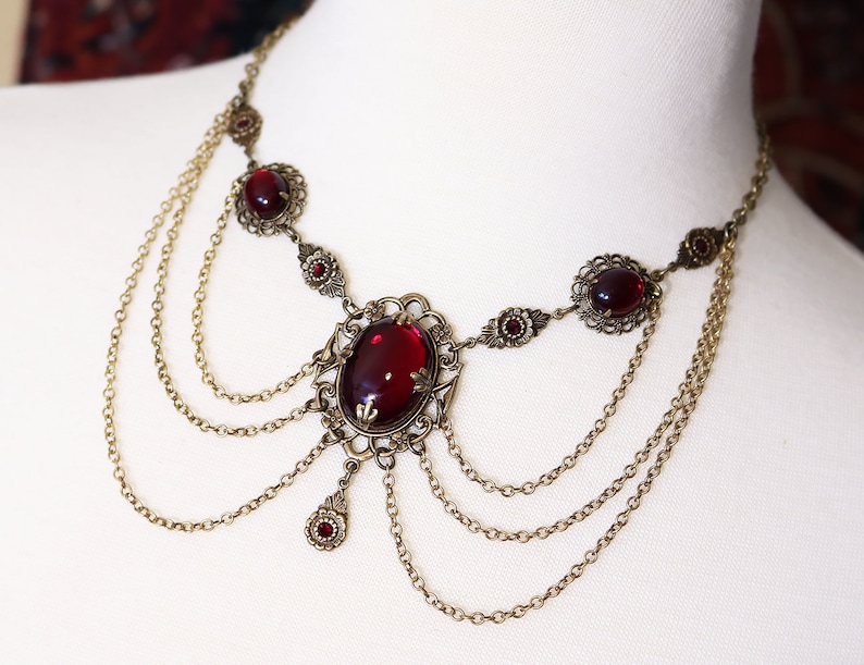 Garnet Renaissance Necklace, Deep Red, Wedding, Medieval Jewelry