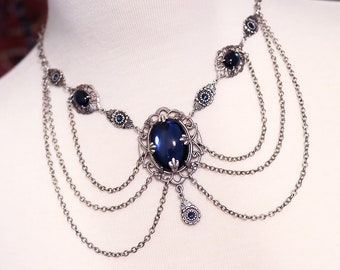 Blue Renaissance Necklace, Navy Victorian Wedding, Medieval Jewelry, SCA Garb, Tudor, Ren Faire, Antiqued Silver, Filigree, N6