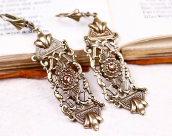 French Filigree Earrings, Blush Pink  Crystal, Victorian Bridal Earrings, Bridal Jewelry,  Ren Faire Wedding, E21