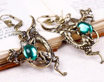Green Dragon Earrings, Emerald Earrings, Dragon Jewelry, Medieval, Renaissance Jewelry, Ren Faire, Heraldry, Fantasy, Mythology, Wing E18