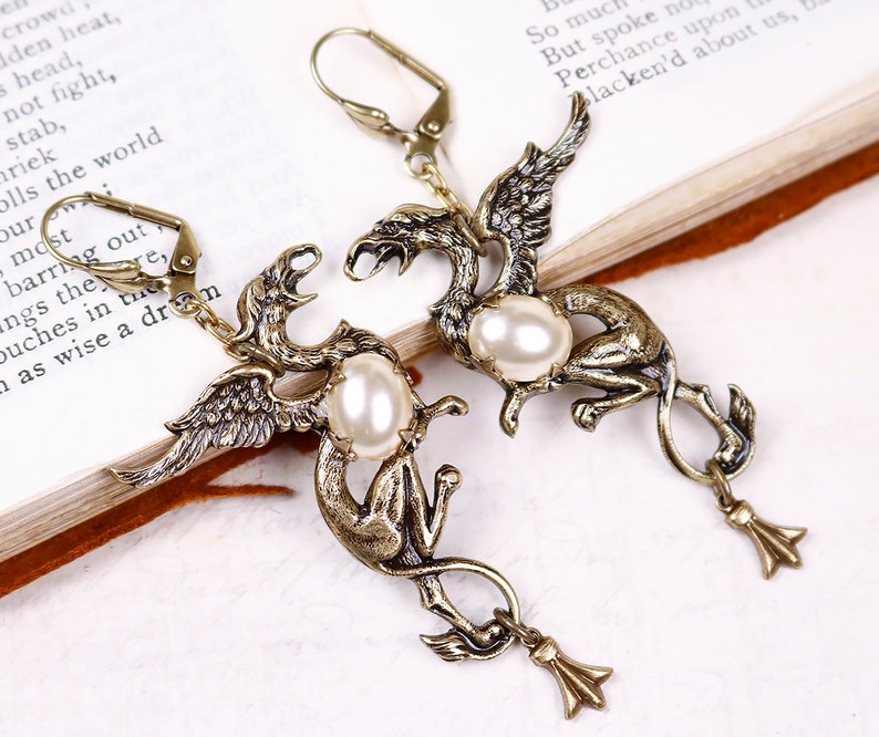 Cream Pearl Medieval Gryffon Earrings, Griffon, Renaissance Jewelry, Tudor, Ren Faire, Bridal Jewelry, Garb, Mythology, Myth, Wedding, E22 image 1