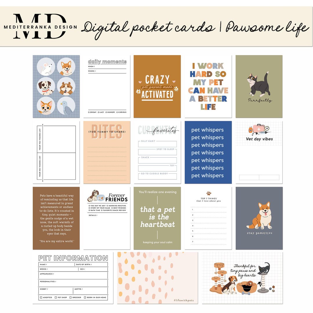 Pets Pocket Cards | Printable Journaling Cards | Scrapbooking Cards ...