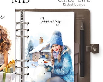 May include: A printable planner dashboard with a watercolor illustration of a girl building a snowman in front of a house. The text "January" is written in cursive at the top of the page. The dashboard is part of a 12-page set titled "Girls' Life".