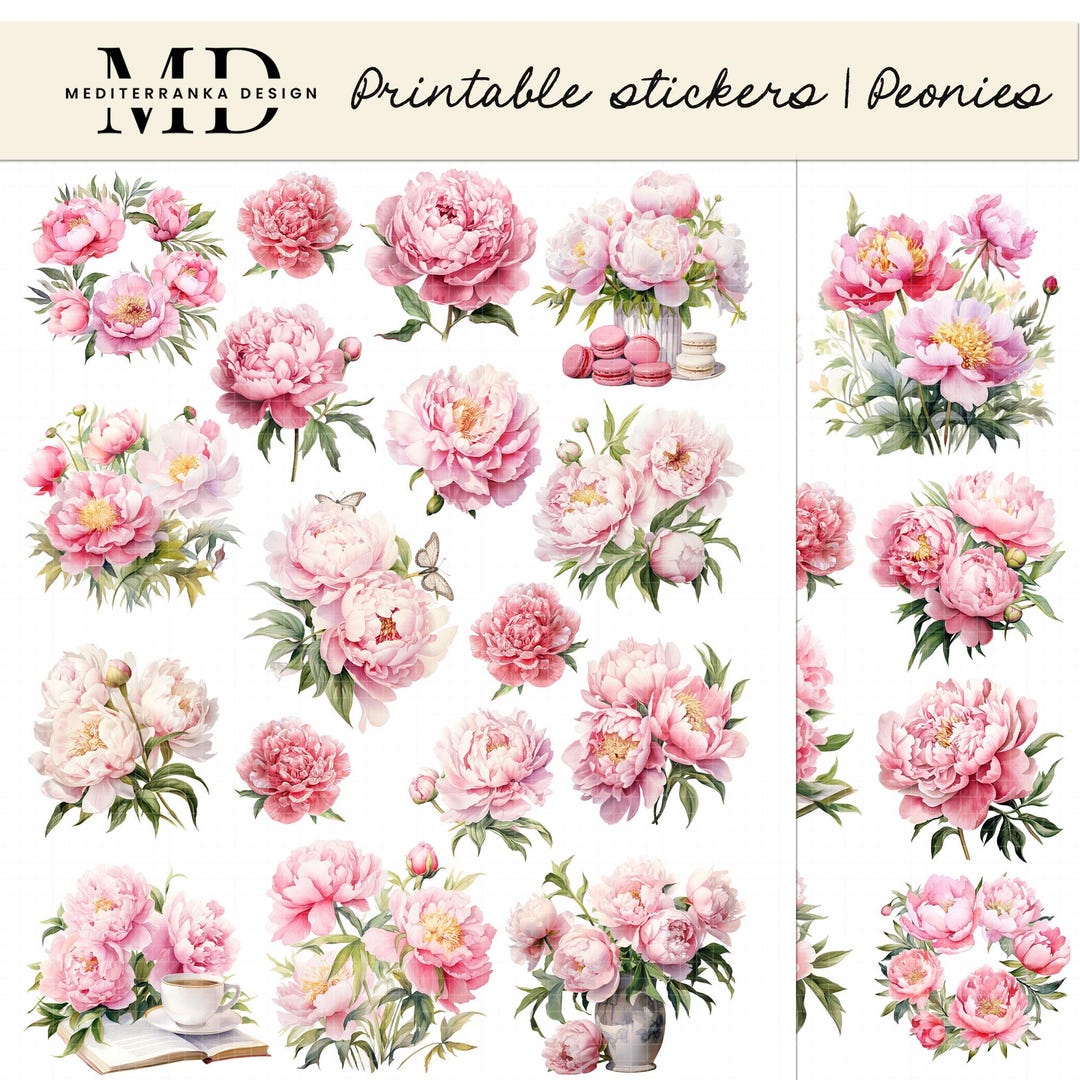 Watercolor Peonies Stickers | Printable Floral Planner Stickers (PDF ...