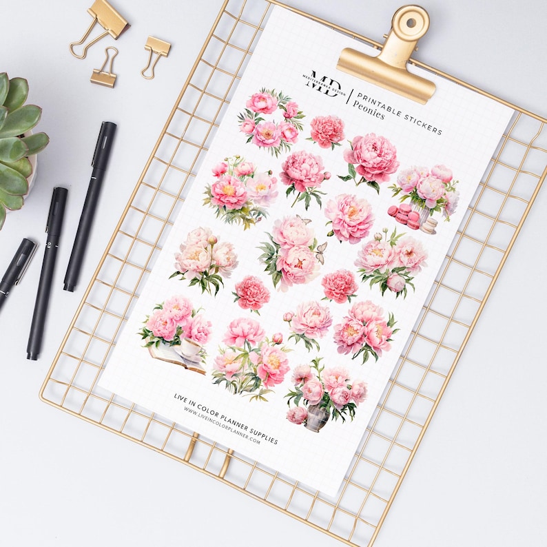 Watercolor Peonies Stickers | Printable Floral Planner Stickers (PDF ...