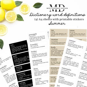 Zomerse educatieve woordkaarten | Afdrukbare definities voor liefhebbers van briefpapier | Stickers voor planners en bulletjournals