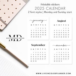 Calendrier 2025 - Mini stickers à imprimer | Stickers agenda | Onglets de mini calendrier | Formats de date américains et européens