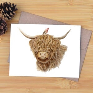 Carte Vache et pinson des Highlands, dessinés à la main