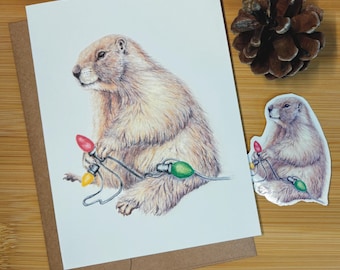 Marmot Holiday Card with Matching Festive Sticker! Christmas Lights, Hand Drawn Art Card