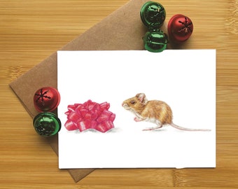 Whimsical Mouse Holiday Card,  Festive Hand-Drawn Christmas Greeting