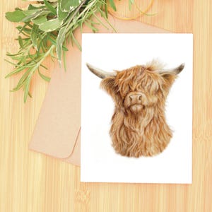 Carte de voeux vache Highland, oeuvre d'art originale dessinée à la main