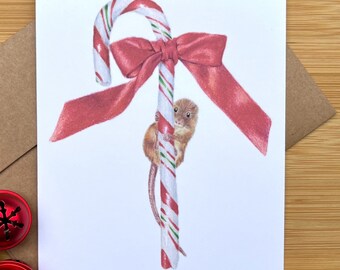 Candy Cane Mouse Christmas Card, Hand Drawn Original Holiday Card