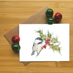 Cincia e agrifoglio. Biglietto di auguri natalizio, biglietto di auguri di Natale, originale disegnato a mano.
