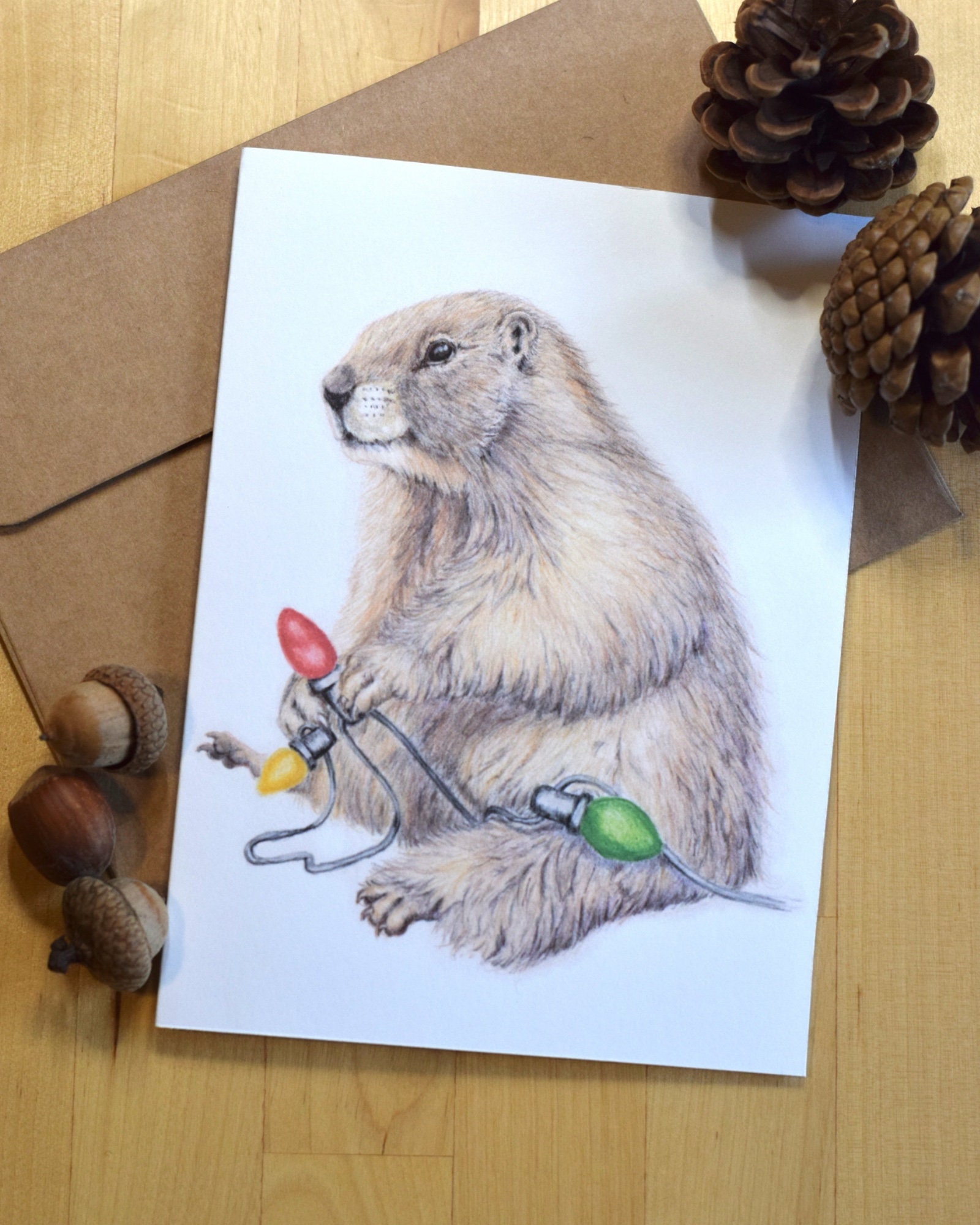 Marmot Christmas Card, Hand Drawn Art Card