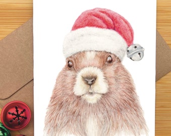 A Festive Marmot Holiday Card. Hand Drawn Seasons Greetings