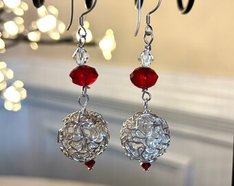 Silver Cage Red Crystal Earrings