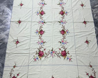 floral Rose Flower Tablecloth, Rectangle Linen, Hand Stitched, Cross Stitch, Hand Embroidery, Red Roses Stitched, Advent Gift 260 x 160 Cm