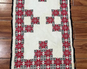 Hand embroidered Small Table Cloth Transylvanian Kalotaszeg linen folk centerpiece, red and black embroidery, table Decor 120 x 50 Cm Sale