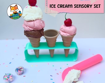 Ice Cream Sensory Kit | 3D Printed Cones, Stand, Sprinkles, Scoop & Edible Dough Recipe | Montessori-Inspired Play Set for Kids