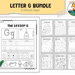 May include: A black and white printable worksheet bundle for teaching the letter G. The bundle includes 12 different pages with activities such as tracing, writing, dot-to-dot, and letter sound identification. The worksheets feature a cartoon fox and the text "Letter G Bundle" and "12 Different Pages!"