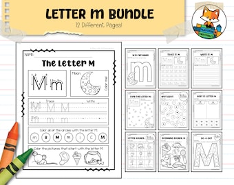 Hojas de trabajo del alfabeto con la letra M: 24 páginas, preescolar, jardín de infantes, escritura a mano, coloración, hoja de trabajo de actividades imprimible