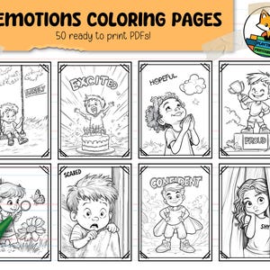 Emotions Coloring Pages for Kids - 50 Pages - Emotions - Mindfulness - Counseling - Coloring - Printable  - Instant Digital Download