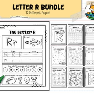 May include: A printable "Letter R Bundle" for educational activities. The bundle includes 12 pages with tracing, writing, and coloring exercises. The pages feature the letter "R" with images of a rocket, a football, a rattle, and a rabbit.