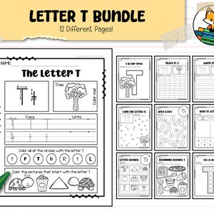 May include: Black and white printable worksheets for learning the letter T. The worksheets include tracing, writing, coloring, and letter identification activities. The worksheets are designed for preschool and kindergarten students.