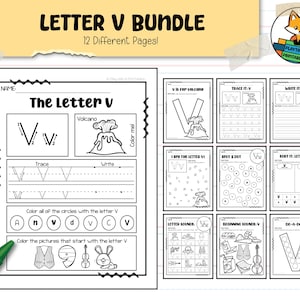 May include: A black and white printable worksheet set for learning the letter V. The set includes 12 different pages with activities such as tracing, writing, coloring, and dot-to-dot. The pages feature a volcano, a vest, a violin, and a vase.