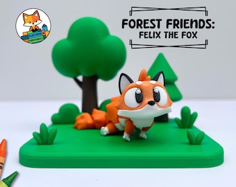 3D Printed Forest Diorama Set with Flexi Articulated Fox | Fidget, Forest Scene, PLA Figurine, Desk Display