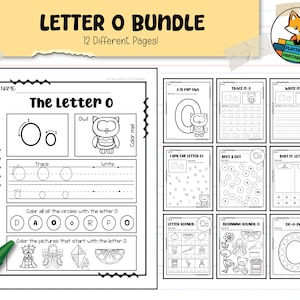 Może przedstawiać: Pakiet drukowanych arkuszy ćwiczeń do nauki litery O. Pakiet zawiera 12 różnych stron z ćwiczeniami, takimi jak śledzenie, pisanie, kolorowanie i rozpoznawanie liter. Na stronach znajdują się sowa, litera O i inne przedmioty, które zaczynają się od litery O.