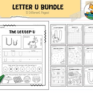 Op de afbeelding: Een zwart-wit printbaar educatief pakket voor de letter "U". De bundel bevat 12 verschillende pagina's met activiteiten zoals overtrekken, schrijven en kleuren. De titel "Letter U Bundle" staat bovenaan.
