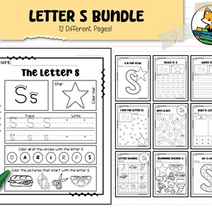 以下が含まれることがあります： 「S」の文字を学ぶための印刷可能なワークシートバンドルです。このバンドルには、トレース、ライティング、カラーリング、文字識別などのアクティビティを含む12種類のページが含まれています。ページには、星、ハサミ、サンドイッチなど、さまざまな画像が掲載されています。