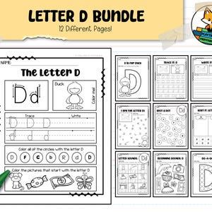May include: A black and white printable worksheet for learning the letter D. The worksheet includes activities such as tracing the letter D, writing the letter D, coloring pictures that start with the letter D, and finding the letter D in a word search. The worksheet is titled "The Letter D" and includes the text "Color mel" and "Playtime Printables".