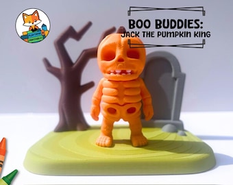 3D Printed Halloween Diorama Set with Flexi Articulated Pumpkin Man | Fidget, Holidays, Halloween, Fall, Spooky, PLA Figurine, Desk Display