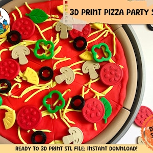 May include: A 3D printed pizza toy set featuring a red base with yellow cheese shreds and various toppings including green peppers, black olives, beige mushrooms, and red pepperoni slices. The text reads 3D PRINT PIZZA PARTY STLS.