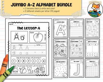 Jumbo A-Z Alphabet Worksheet Bundle - 312+ Pages - Preschool / PreK - Kindergarten - Handwriting - Coloring - Printable Activity Worksheet