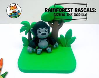 3D Printed Rainforest Diorama Set with Flexi Articulated Gorilla | Fidget, Rainforest, Monkey, Jungle Scene, PLA Figurine, Desk Display