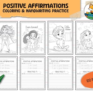 Positive Affirmations Coloring Pages and Handwriting Practice for Kids - 100 Pages - Emotions - Counseling - Instant Digital Download