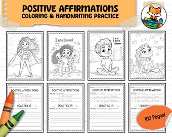 Positive Affirmations Coloring Pages and Handwriting Practice for Kids - 100 Pages - Emotions - Counseling - Instant Digital Download